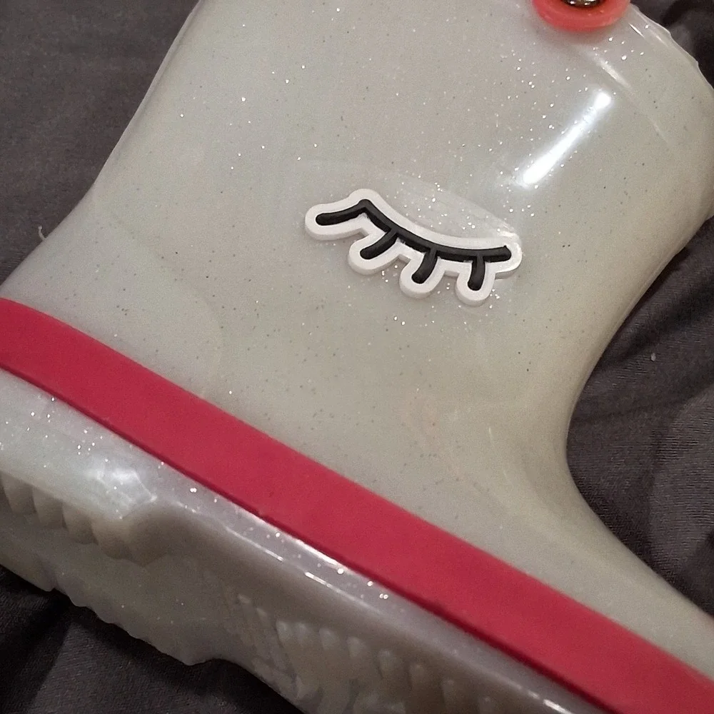 Girls Clear Glitter Rain Boots Pink Trim‎ Eyelash Graphic MEX 14 Toddler 7-8